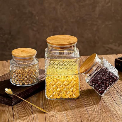 Glass Storage Jars Vintage Embossed Canisters Food Cereal Storage Containers with Bamboo Lid, Decorative Jars for Kitchen Counter,Pantry,Set 3-Piece Glass Jars in 60oz/40oz/20oz (Square)