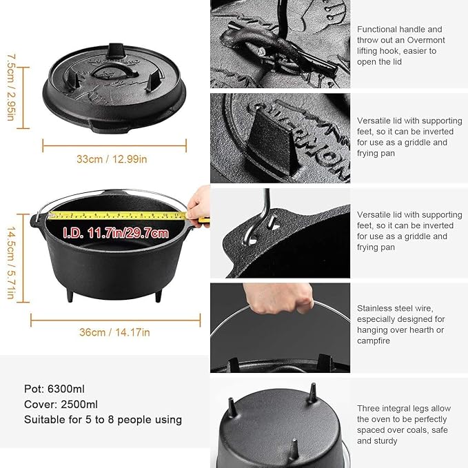Overmont 9QT Cast Iron Dutch Oven Pre-Seasoned Camping Dutch Oven Pot with Legs, Lid Lifter & Dual Handles, Cast Iron Pot with Skillet Lid for Campfire Cooking, BBQ, Grill, Stove, Outdoor Use