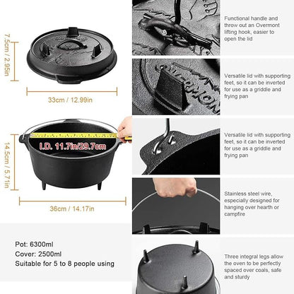 Overmont 9QT Cast Iron Dutch Oven Pre-Seasoned Camping Dutch Oven Pot with Legs, Lid Lifter & Dual Handles, Cast Iron Pot with Skillet Lid for Campfire Cooking, BBQ, Grill, Stove, Outdoor Use
