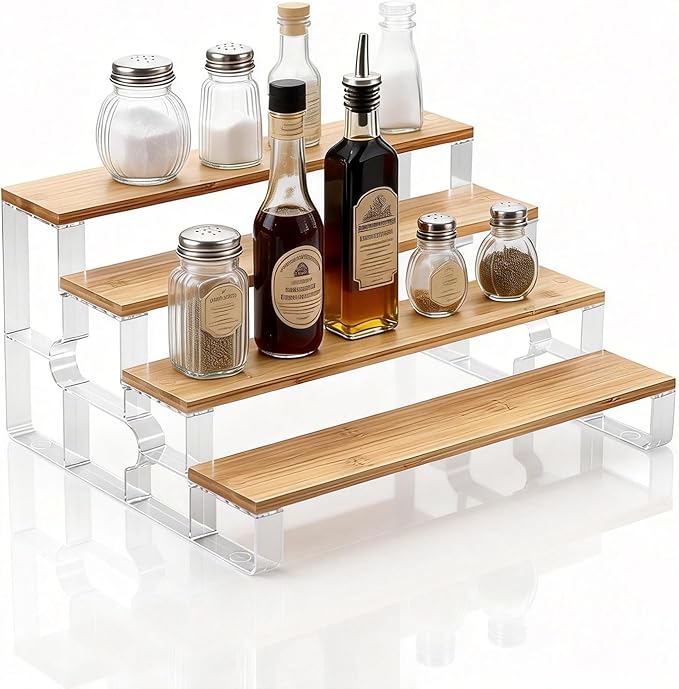 junyuan Spice Rack Organizer for Cabinet,4 Tier Spice Organization for Kitchen,Bathroom Organizers and Storage,Seasoning Countertop Shelf,Bamboo Display Shelves Racks,Clear 14"