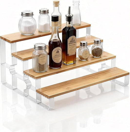 junyuan Bamboo Bathroom Organizers and Storage,Spice Rack Organizer for Cabinet,4 Tier Perfume Organizer for Bedroom,Seasoning Countertop Shelf for Kitchen,Display Shelves Racks,Clear 11.2"
