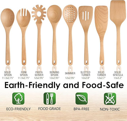 HOWHONG Wooden Spoons for Cooking, Beech Wood Kitchen Utensil Set, Premium Handmade Wooden Cooking Utensils for Nonstick Cookware, Heat Resistant, Smooth Finish, Comfortable Grip, 8 Piece
