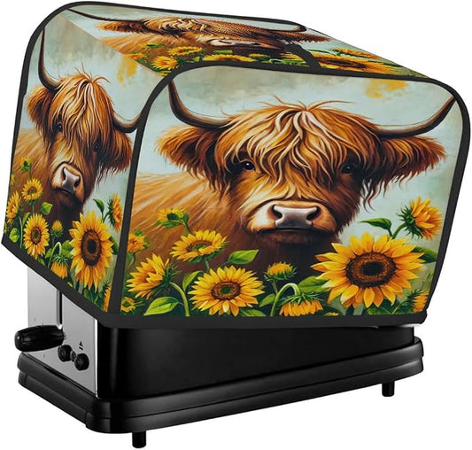 Alpine Cow Sunflower Toaster Cover 2 Slice Wide Slot Washable Kitchen Appliance Covers Fingerprint Bread Machine Dust Cover Small Toaster Oven Accessories Covers Bread Maker Bag Women Gift