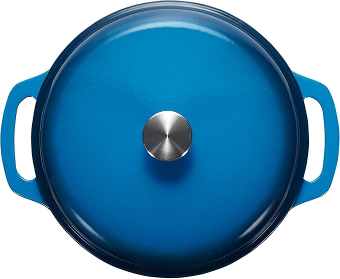 Amazon Basics Enameled Cast Iron Dutch Oven Pot with Lid, Round, Dual Handles, Heavy-Duty, Oven Safe for Stews, Roasting, Baking,4.3-Quart, Blue
