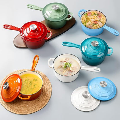 Enameled Cast Iron Sauce Pan with Lid, Leonyo 2 Quart Saucepan with Lid, Enamel Cast Iron Dutch Oven for All Cooktops Making Pasta Sauce, Milk, Oatmeal - Up to 500°F & 6.7Lbs, Lake Blue