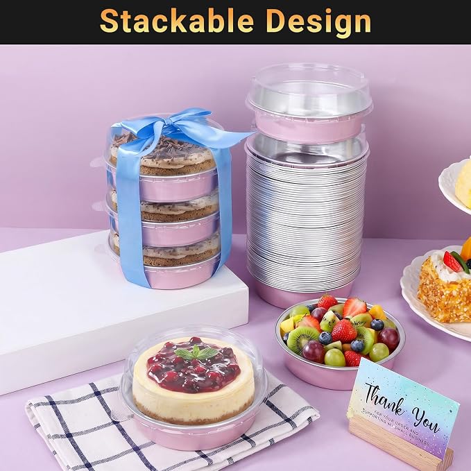 Beasea Aluminum Cupcake Pans With Lids, 100 Pack 7.3oz Disposable Pie Pans For Cake, 4 Inch Aluminum Pie Tart Baking Cups Tins Round Oven Mini Cake Pan For Tart Quiche Dessert - Pastel Pink