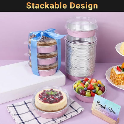 Beasea Aluminum Cupcake Pans With Lids, 100 Pack 7.3oz Disposable Pie Pans For Cake, 4 Inch Aluminum Pie Tart Baking Cups Tins Round Oven Mini Cake Pan For Tart Quiche Dessert - Pastel Pink
