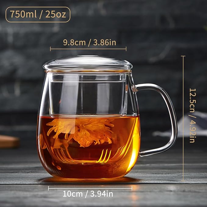 DOPUDO Large Glass Tea Cup, 25.6 oz Borosilicate Glass Tea Mug with Infuser and Lid, Clear Tea Cups for Brewing Scented Tea and Tea Bag.