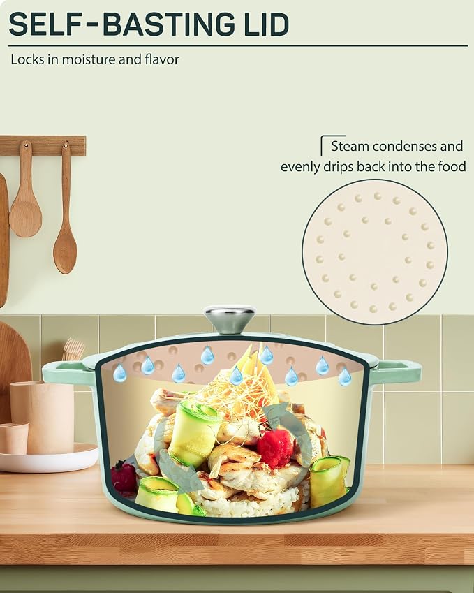 Ciwete 6 QT Dutch Oven Pot with Lid, Enameled Cast Iron Dutch Oven for Bread Making, Braiser, Cooking, Dual Handles, Oven Safe up to 500° F or on Stovetop, Gifts for Family - Mint Green