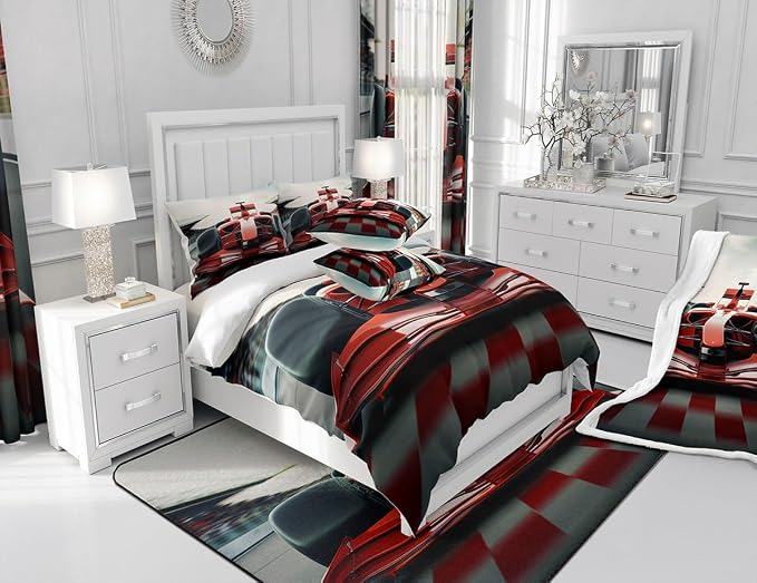 Manfei 3D Red Formula Car Comforter Set,Cool Racing Car Bedding Set Kids Teens Modern Decor,Racing Speed Sport Comforter with 1 Pillowcase for All Seasons,Twin