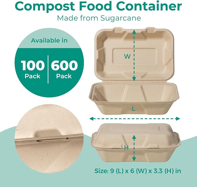Fit Meal Prep 100 Pack 9x6 Compostable To Go Food Containers, Disposable To Go Boxes for Food, Lunch Boxes, Clamshell Take Out Containers with Lids, Eco Friendly Biodegradable, PFAS-Free, Bagasse
