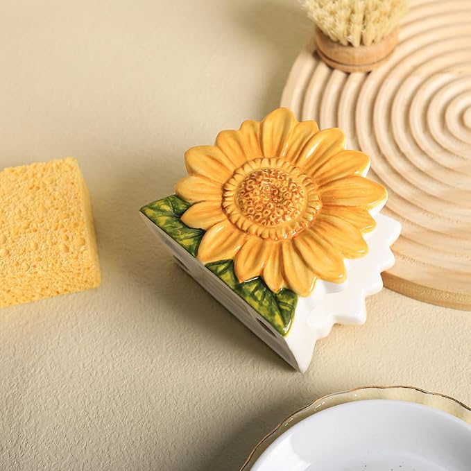 Ceramic Sunflower Sponge Holder for Kitchen Sink, Compact Sink Caddy Organizer, Flower Scouring Pad and Dish Sponge Holder