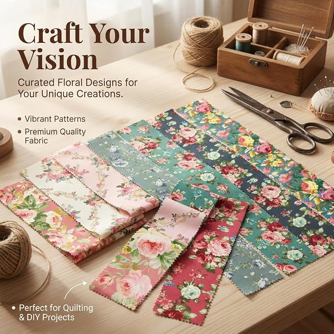 42 Pcs Jelly Roll Fabric Strips for Quilting Fabrics, Sewing Supplies DIY Crafts 2.6 Inch Precut Cotton Fabric Bundles with Wavy Edges, Floral Rose Patchwork