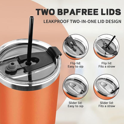 30 oz Tumbler with Lids and Straws, Stainless Steel Insulated Coffee Tumbler, Double Wall Vacuum Insulated Travel Mug Cup, Leakproof Thermal Coffee Cup for Hot and Cold Drinks (Orange)