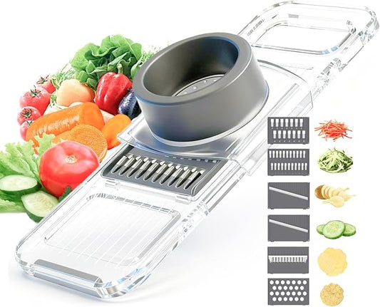 ZKIRON Mandoline Slicer for Kitchen - 6-in-1 Multifunctional Vegetable Cutter with Transparent Body & Safe Hand Guard, Compact Stainless Steel Food Slicer for Salad, Potato, Onion