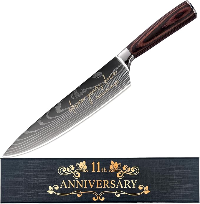 11 Years Anniversary Engraved Chef Knife Gift, 11th Wedding Anniversary Keepsake for Couple, 8 Inch High Carbon Stainless Steel Sharp Kitchen Knife with Ergonomic Handle, 11 Years Marriage Presents