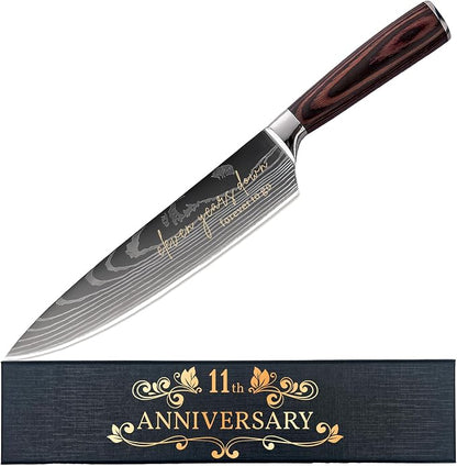 11 Years Anniversary Engraved Chef Knife Gift, 11th Wedding Anniversary Keepsake for Couple, 8 Inch High Carbon Stainless Steel Sharp Kitchen Knife with Ergonomic Handle, 11 Years Marriage Presents