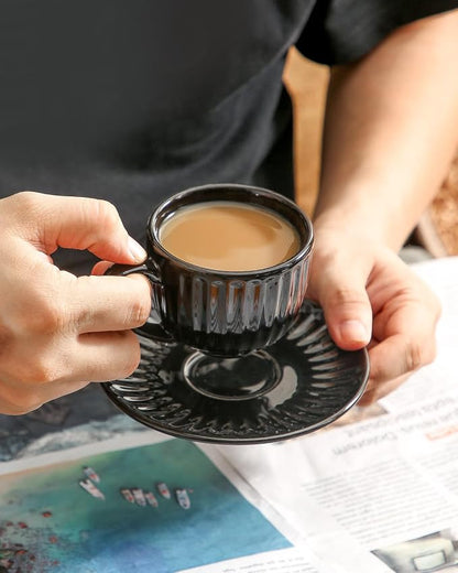 Hasense 4 Oz Espresso Cups with Saucers Set of 4, Ribbed Cappuccino Cups Ceramic for Coffee,Espresso,Double shot,Latte and Macchiato, Demitasse Cups Set Aesthetic Gift, Black