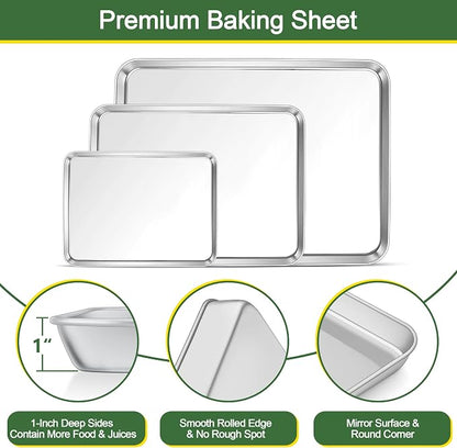 E-far Baking Sheet with Cooling Rack Set (3 Pans + 3 Racks), 16/12.5/9.3 Inch Stainless Steel Cookie Sheets Baking Pans and Wire Rack for Oven, Non Toxic & Easy Clean