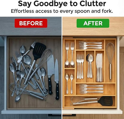 33" Expandable Bamboo Utensil Drawer Organizer | Solid Bamboo, Expands to 33" Wide, 11 Custom Compartments, Sorts Flatware & Utensils, Fits Kitchen or Office Drawers