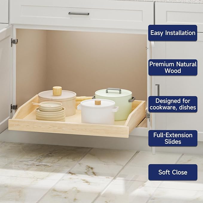 Pull Out Cabinet Organizer 28.5" W x 21" D, Soft Close Slide Out Wood Drawer Shelf for Kitchen Cabinets, Pull Out Cabinet Drawer for Base Cabinet, Pantry and Bathroom Storage, Bottom Mount
