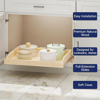 Pull Out Cabinet Organizer 28.5" W x 21" D, Soft Close Slide Out Wood Drawer Shelf for Kitchen Cabinets, Pull Out Cabinet Drawer for Base Cabinet, Pantry and Bathroom Storage, Bottom Mount