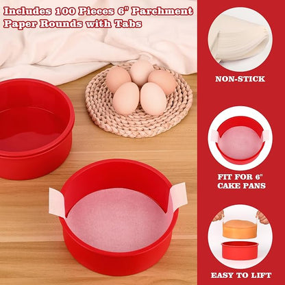 HUAKENER 6 Inch Round Cake Pan, 3 Pack Silicone Cake Molds with 100 Pieces Parchment Paper, Nonstick Cake Molds for Smash Cakes, Layer Cakes, Cheese Caks, Chocolate Cakes