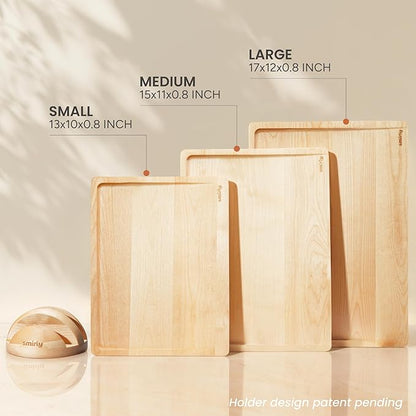 SMIRLY Wooden Cutting Board for Kitchen - Birch Wood Cutting Boards for Meal Prep, Serving, Charcuterie - Kitchen Gadgets, House Warming Gifts - Wood Chopping Board Set of 3 with Holder