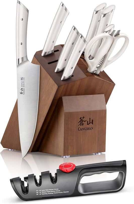 Cangshan HELENA Series 10-Piece German Steel Forged Knife Block Set, White, Full Tang Kitchen Knife Set with Acacia Wood Block and Sharpener
