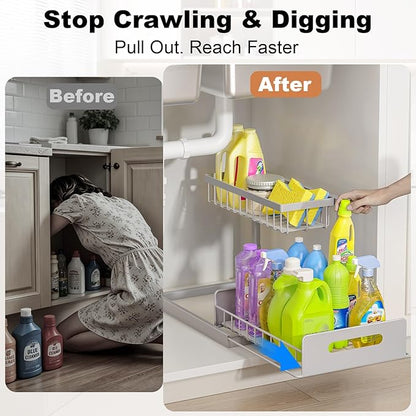 REALINN Under Sink Organizer, Pull Out Cabinet Organizer 2 Tier Slide Out Sink Shelf Cabinet Storage Shelves, Storage for Kitchen Bathroom, Grey, 1 Pack