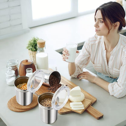 Lallisa 6 Pcs Stainless Steel Kitchen Canister 62 fl oz with Airtight Clear Clamp Lid, Metal Food Storage Container Set for Coffee Bean Ground Coffee Flour Sugar Spice Tea Cereal Snack Candy Pantry