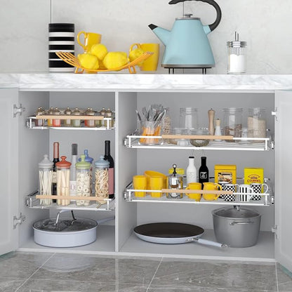 Pull Out Cabinet Organizer, Heavy Duty Steel Metal Roll Out Shelves for Kitchen Cabinets, Adjustable Cabinet Pull Out Shelves For Cabinets Capacity Heavy Duty Caddy, 23~39.8"W x 22.5"D. 2Pack
