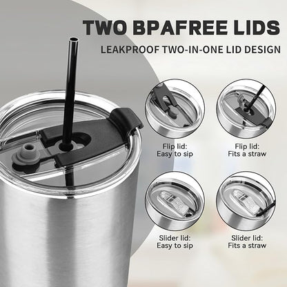 40 oz Tumbler with Lids and Straws, Stainless Steel Insulated Coffee Tumbler, Double Wall Vacuum Insulated Travel Mug Cup, Leakproof Thermal Coffee Cup for Hot and Cold Drinks (Silver)
