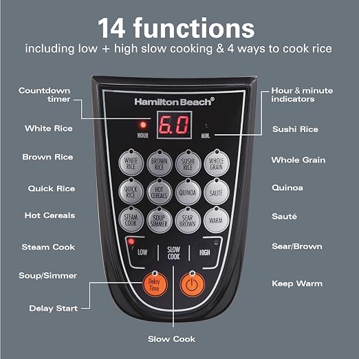 Hamilton Beach Digital Programmable Rice and Slow Cooker & Food Steamer, 20 Cups Cooked (10 Cups Uncooked), 14 Pre-Programmed Settings for Sear Sauté, Hot Cereal, Soup, Nonstick Pot, Stainless Steel (37571MN)