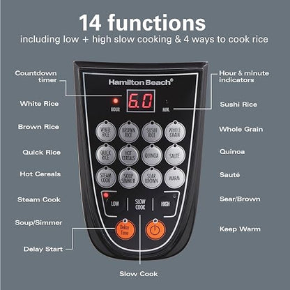 Hamilton Beach Digital Programmable Rice and Slow Cooker & Food Steamer, 20 Cups Cooked (10 Cups Uncooked), 14 Pre-Programmed Settings for Sear Sauté, Hot Cereal, Soup, Nonstick Pot, Stainless Steel (37571MN)