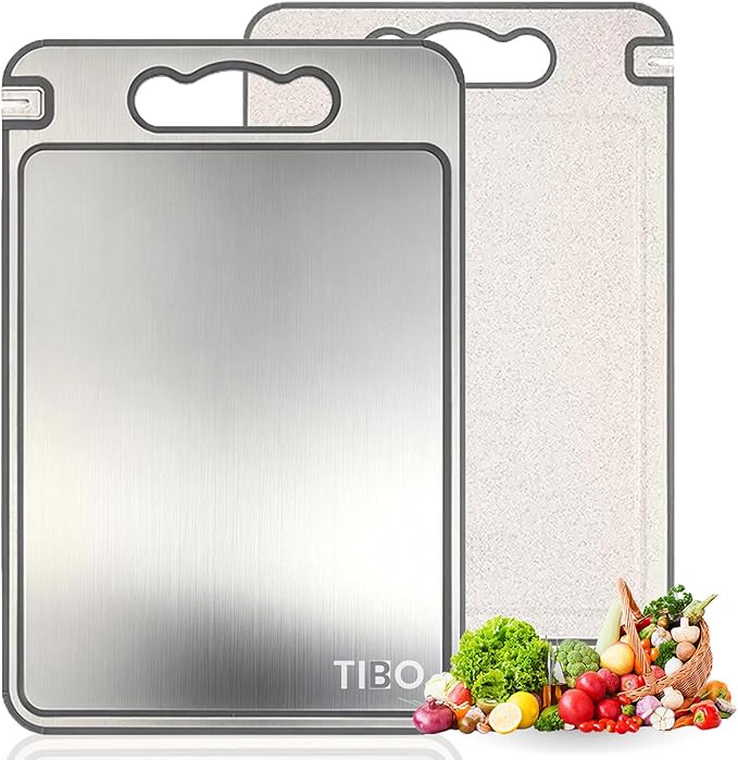 Tibo Cutting Board, 14.3"×9.8" Tibo Titanium Cutting Board with Built-In Knife Sharpener, Double Sided Chopping Board with Grinding Tank, Easy to Clean (1side titanium other side wheat straw)