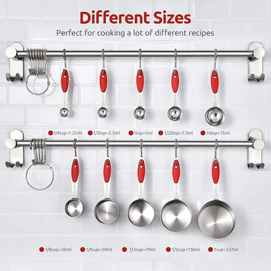 Measuring Cups and Spoons Set: U-Taste 18/8 Stainless Steel 10 Pieces Metal Stacking Kitchen Baking Cooking Food Measure Set 5 Cups 5 Spoons with Strengthened Weld Joints (Red Upgraded Version)