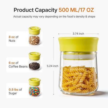 Airtight Glass Storage Jar with Rotary Lid, 17oz Borosilicate Decorative Glass Container Jar with Measurement Marks, Wide Mouth Mason Jar for Coffee Beans, Overnight Oats, Sugar, Snacks, Nuts