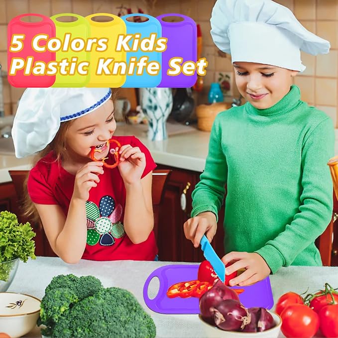 20 Pcs Kids Knife Set with Cutting Board, Plastic Child Safe Knives for Real Cooking Serrated Edges Toddler Knife Children Chopping Board, Kid Cutting Utensils for Fruit, Bread, Lettuce