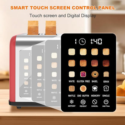 2 Slice Toaster Touch Screen, Stainless Steel Toasters Digital Timer 2 Slot Toasters, 8 Shade Settings 6 Bread Types for Bagel, Cancel, Defrost (Red)