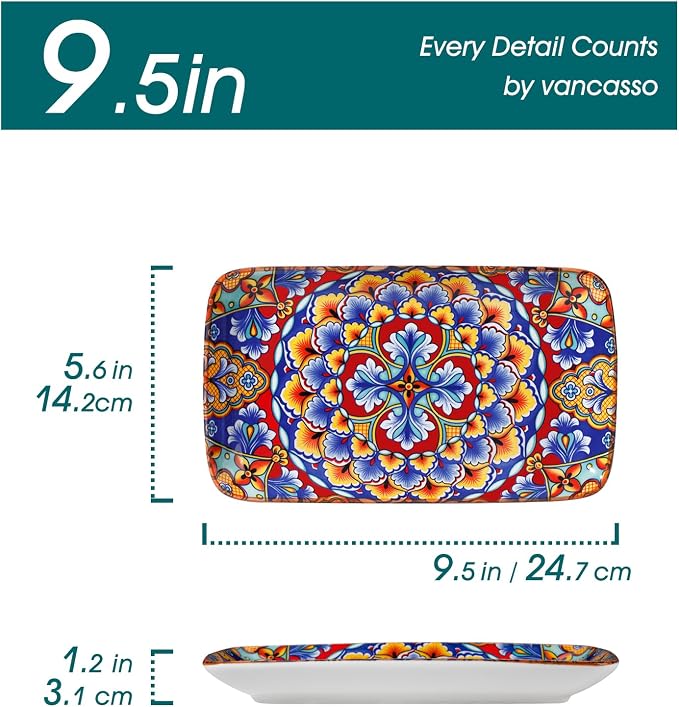 vancasso Simi 9.5 Inch Rectangular Dinner Plates Set of 6 - Bohemian Floral Design in 6 Vibrant Colors, Microwave & Dishwasher Safe Porcelain Plates for Salad, Appetizers, Entertaining