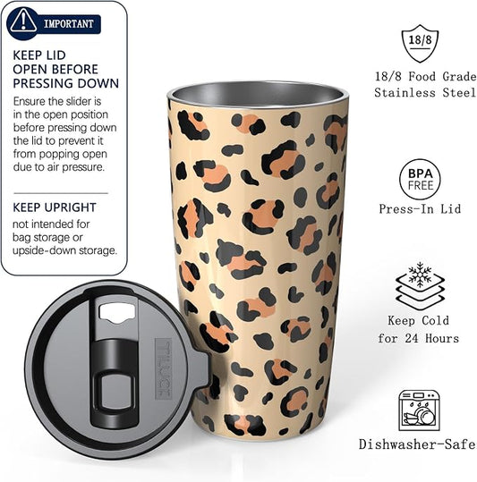 TILUCK 20 oz Insulated Tumbler with BPA-Free Lid, Stainless Steel Vacuum Travel Coffee Mug, Double Wall Coffee Tumbler（20oz，Leopard）