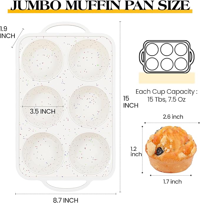 2 Pcs Jumbo Muffin Pan with Metal Frame Nonstick 6 Cup Extra Large Silicone Cupcake Pan for Baking, Deep Jumbo Muffin Tray for Egg Bites Muffins, Confetti Color Cream Gifts for Mom Home Baker