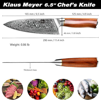 Klaus Meyer Damascus Chef Knife 6.5 Inch Rosewood Handle Chef Knife Ultra Sharp Santoku Knife, Gift For Women Men