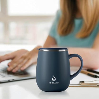Ideus 16 oz Insulated Coffee Mug with Handle and Lid, Double Wall Stainless Steel Vacuum Thermal Coffee Mug, Travel Coffee Cup Thermal Cup for Home and Office, Navy Blue 2.0
