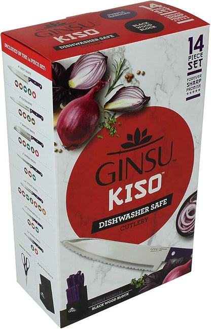 Ginsu Kiso 14-Piece Purple Knife Set with Black Block - Dishwasher Safe and Always Sharp