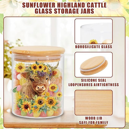 JarThenaAMCS 3Pcs Highland Cow Sunflower Glass Storage Jars With Airtight Lid Cattle Floral Decorative Canisters Sets for Cookie Spring Summer Farmhouse Home Kitchen Countertop