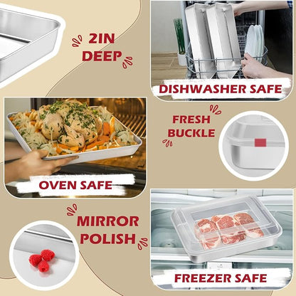 Leonyo Baking Pan with Lid Set of 4, 12⅓ x 9¾ x 2 Inch Deep Stainless Steel Cake Pan for Baking, Rectangular Lasagna Tray for Focaccia, Bread, Brownies, Casseroles, Refrige & Oven Safe
