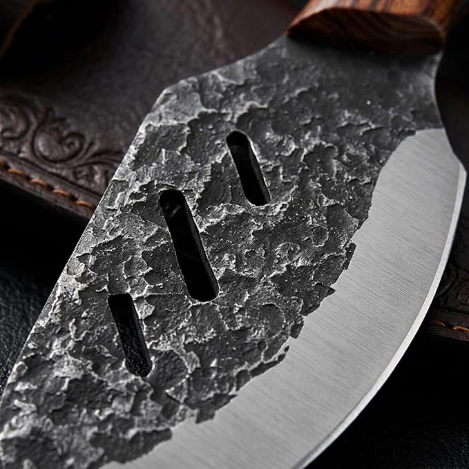 KOFERY Serbian Butcher Knife Hand Forged Viking Cleaver with Full Tang Hammered 4Cr13MoV Steel for Kitchen, Camp & BBQ | Heavy Duty Chef Knife with Pakkawood Handle, Leather Sheath & Sharpener