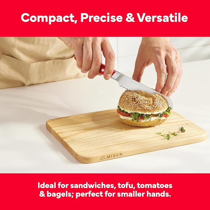 Misen Serrated Bread Knife - High-Carbon Japanese AUS8 Steel - Perfect for Soft Foods, Bread, Pastries, and Fruits - Verstatile Slicer, Razor-Sharp Edge, Durable Blade, Ergonomic Handle - 5", Red